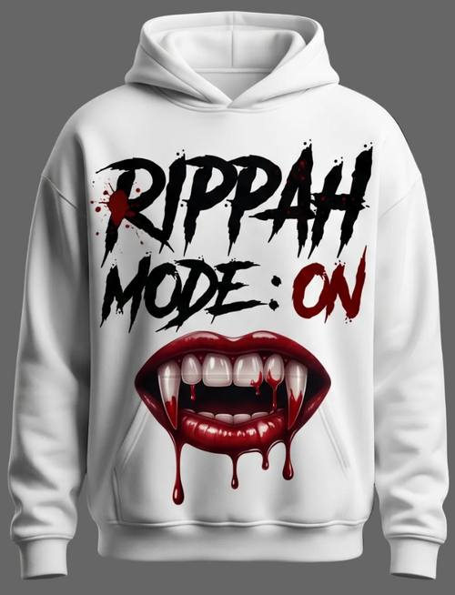 White hoodie with 'Rippah Mode: On' text and vampire mouth design on front and back against a black background.